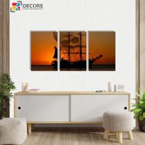 Kit Com 3 Peças Quadros Decorativos Entardecer Barco Caveira