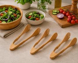 Kit com 3 Pegadores De Saladas Pinça Em Bambu 21 Cm Multiuso