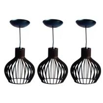 Kit com 3 Pendente Luminaria PP Preto com fio Lustre de Sala Decorativo