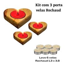 Kit Com 3 Porta Vela De Madeira Coração Velas Rechaud 8X8 - Senhora Madeira