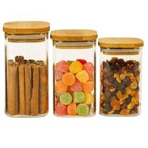 Kit com 3 Pote de Vidro com Tampa de Bambu Porta Tempero Condimento Doces