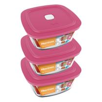 Kit com 3 Pote de Vidro com Tampa Quadrado 500ML Marinex