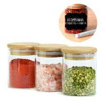 Kit com 3 Potes 200ml de Vidro Herméticos Organizadores de Cozinha Tampa Bambu Etiqueta e Caneta