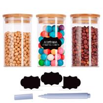 Kit com 3 Potes 300ml de Vidro Herméticos Organizadores de Cozinha Tampa Bambu Etiqueta e Caneta