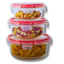 Kit com 3 Potes de Vidro Hermético 4 Travas Anel de Vedação Premium Escolha Azul, Vermelho ou Transparente