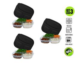 Kit Com 3 Potes Marmitas Fitness Marmitex de Plástico Para Uso no Microondas Freezer Com Divisórias