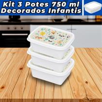 Kit com 3 Potes Plásticos 750ml Potinhos Com Tampa Kids Papinha Lanchinho