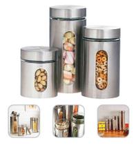 Kit Com 3 Potes Tampa Para Alimentos Em Vidro Aço Inoxidável