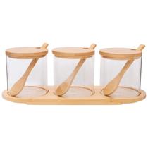 Kit com 3 potes vidro borossilicato com tampa, colher e bandeja bambu Kit com 3 potes vidro borossilicato com tampa, colher e bandeja bambu