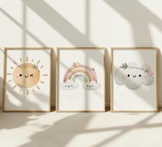 Kit com 3 Quadros Arco-íris Sol Nuvem Flores Quarto Menina
