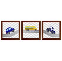 Kit com 3 Quadros Decorativos Infantil Carrinhos Menino