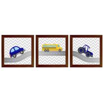 Kit com 3 Quadros Decorativos Infantil Carrinhos Menino