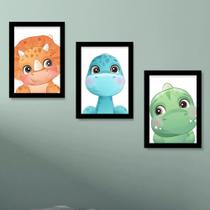 Kit com 3 Quadros Moldura Vidro Decorativo Dinossauros Baby Aquarela infantil