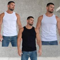 Kit com 3 regatas masculinas estilo americana canelada casual treino preto branco cinza mescla Kit com 3 regatas masculinas estilo americana canelada casual treino preto branco cinza mescla