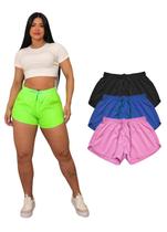 Kit Com 3 Short Tactel Liso Feminino Com Elástico e Cordão