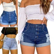 Kit Com 3 Shorts Jeans Femininos Cintura Alta Destroeyd Kit Com 3 Shorts Jeans Femininos Cintura Alta Destroeyd