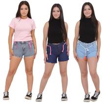 Kit com 3 Shorts Jeans Juvenil Feminino Cintura Alta Moda Blogueira Conforto e Estilo Kit com 3 Shorts Jeans Juvenil Feminino Cintura Alta Moda Blogueira Conforto e Estilo