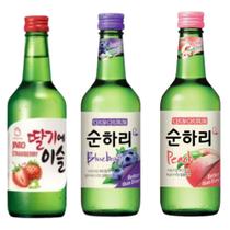 Kit com 3 Soju Bebida Coreana Blueberry, Morango e Pessêgo 360ml