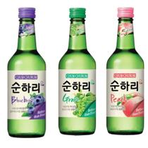 Kit com 3 Soju Bebida Coreana Blueberry, Uva e Pessêgo 360ml