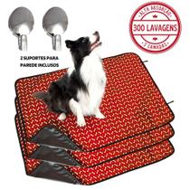 Kit com 3 Tapetes Higiênicos 100x70 Ossinho Vermelho c/Ganchos - 300 Lavagens p/cães - Alta Absorção