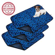 Kit com 3 Tapetes Higiênicos 100x70 Patinha Azul c/Ganchos - 300 Lavagens para cães - Alta Absorção