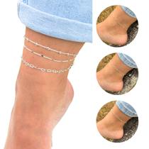 Kit com 3 Tornozeleiras Feminina Prata 925 Banhada Minimalista Corações Bolinhas