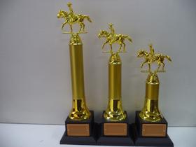 Kit com 3 troféus de cavalo (42 cm, 36 cm, 30 cm). Kit com 3 troféus de cavalo (42 cm, 36 cm, 30 cm).