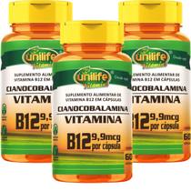Kit Com 3 Un Vitamina B12 Pura Alto Teor De Cianocobalamina 450mg 180 Capsulas Vegano Unilife