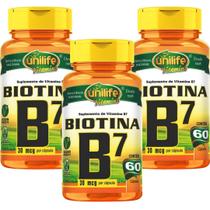 Kit Com 3 Un Vitamina B7 Biotina Pura 180 Cáps 500mg Cabelos, Unhas e Pele Unilife