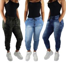 Kit Com 3 Unid Calça Joguer Sarja Feminina Preto Azul Bege