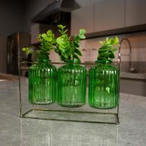 Kit Com 3 Vasos de Vidro Verde Com Suporte Dourado 13x21 Cm F04 - D'Rossi