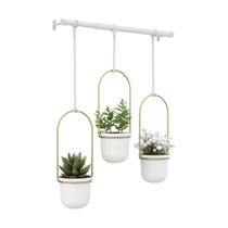 Kit com 3 Vasos Suspensos Triflora Branco e Dourado