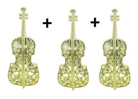 Kit com 3 Violino 3D de Plástico Vazado e Trabalhado Enfeite de Pendurar Natalino 15 x 6 cm - NATALKASA
