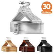 Kit com 30 Cabides de Madeira Luxo, Adulto com Gancho Giratório 44 cm, Cores: Marfim/Mogno/Branco/Preto