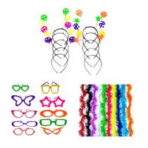 Kit com 30 Itens Para Carnaval Óculos Coloridos Tiaras e Marabu Artigos Festa