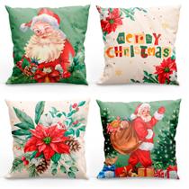 Kit com 4 Almofadas Cheias Estampadas Natalinas 45cm x 45cm com Refil - Decorativas Festas Ceia Fim de Ano