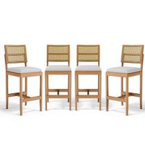 Kit Com 4 Banqueta Milena Madeira Maciça Assento Estofado Encosto De Tela Palha Sextavada Linho Cinza 407