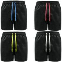 Kit Com 4 Bermudas Praia Masculina Tactel Preta Cordões Coloridos