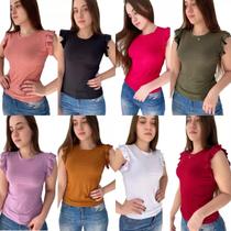 Kit com 4 Blusas Blusinhas Feminina Malha Canelada Babado Manga Curta Roupa Feminina