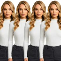 Kit com 4 Blusas Gola Alta Feminina Manga Longa Canelada Cacharrel Casual Frio Inverno