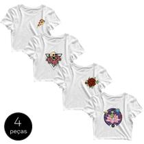 Kit com 4 Blusinhas Cropped Blusa Tshirt Camiseta Feminina Alien Pizza Flor Rosas Caveira Skull Rock Roll Branca