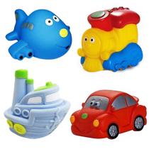 Kit Com 4 Brinquedos De Vinil Para Bebê Maralex - Navio Avião Trem e Carro Kit Com 4 Brinquedos De Vinil Para Bebê Maralex - Navio Avião Trem e Carro