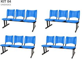 Kit com 4 Cadeiras Longarina PLÁSTICA 03 Lugares Cor Azul Mastcmol