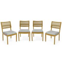 Kit Com 4 Cadeiras Milena Madeira Maciça Assentos Estofados Encostos De Tela Palha Sextavada Linho Cinza 407