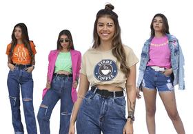 KIT com 4 Camisetas femininas estampas e cores variadas. KIT com 4 Camisetas femininas estampas e cores variadas.