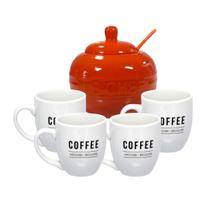 Kit Com 4 Canecas 300ml Coffee E Açucareiro Com Colher Tampa