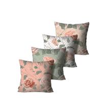 Kit com 4 Capas de Almofadas Decorativa Rosas Verde e Salmão