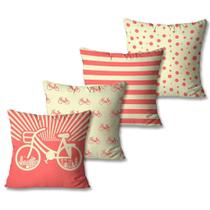 Kit com 4 Capas de Almofadas Decorativas Bicicleta Rosa