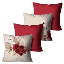 Kit com 4 Capas de Almofadas Decorativas Flores Boho Bege e Vermelho 45x45