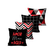 Kit com 4 Capas de Almofadas Decorativas O Amor Mora Aqui Vermelho e Cinza - CAPAS 45X45